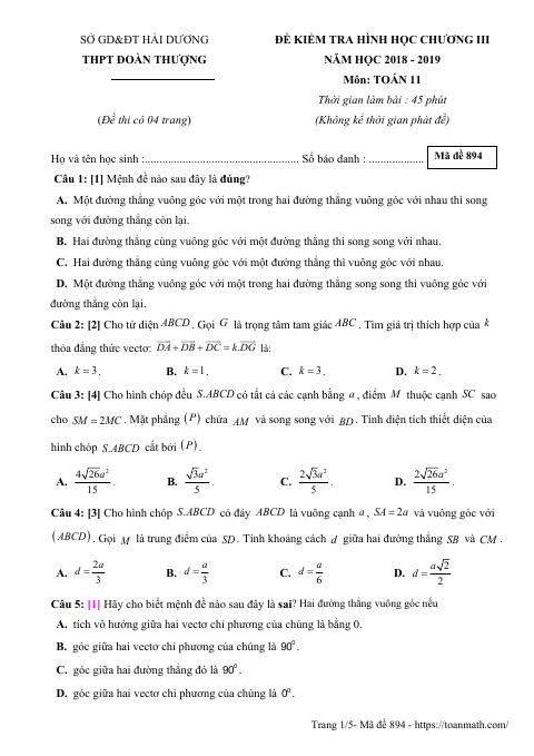 Đề kiểm tra Hình học 11 chương 3 năm 2018 – 2019 trường Đoàn Thượng – Hải Dương (bản Word)